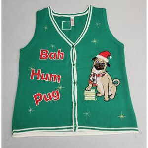 Ugly Christmas Sweater Vest Womens Bah Hum Pug L/G (12-14) Green Button Down Dog